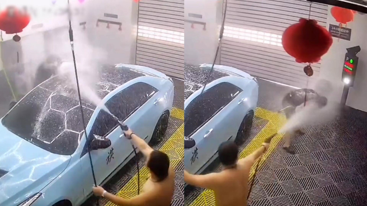 水槍大戰洗車場，兩男子“互呲”結局反轉逗樂全網
